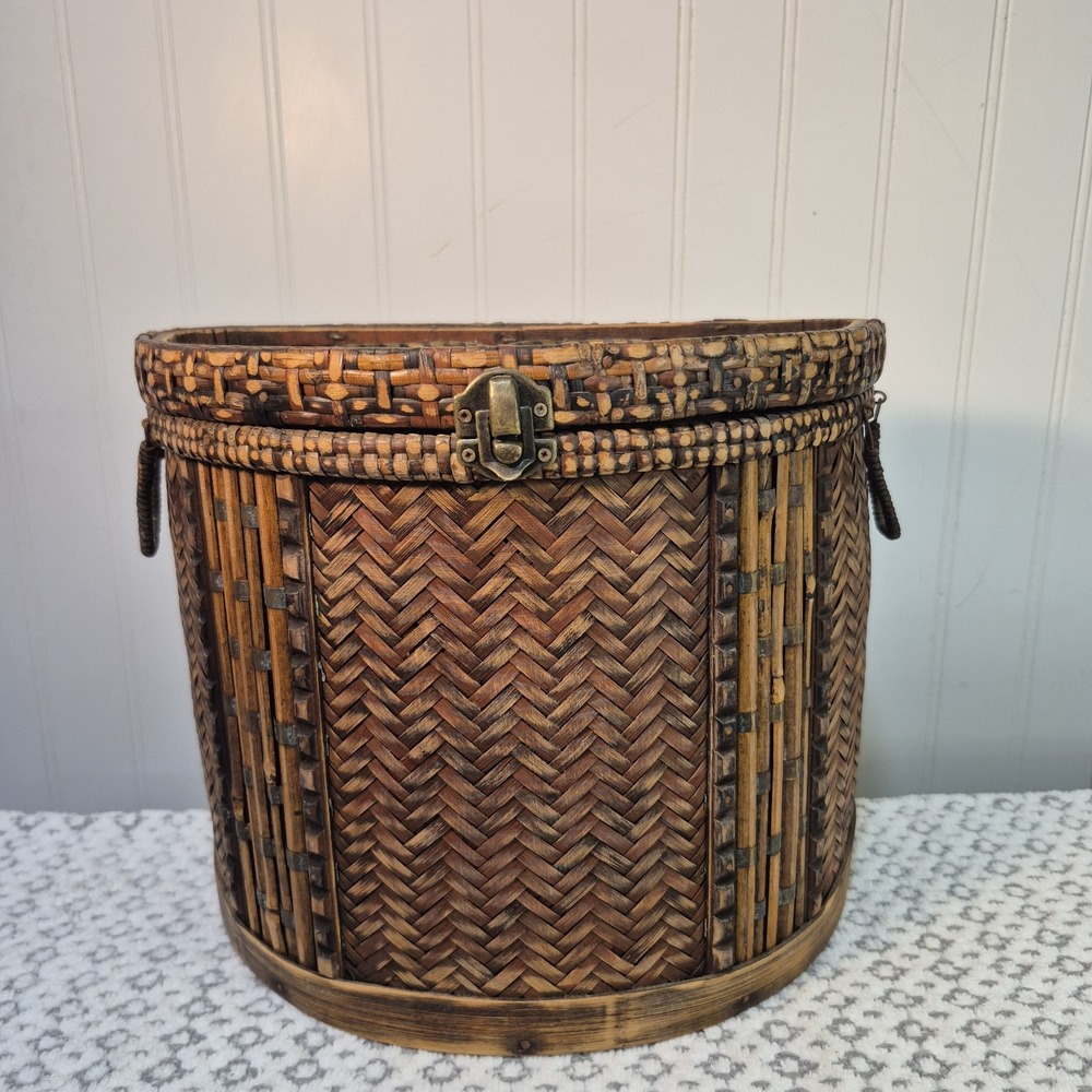 Vintage Half Moon Rattan Basket Chest - Butterfly Design Mid-Century Asian Boho